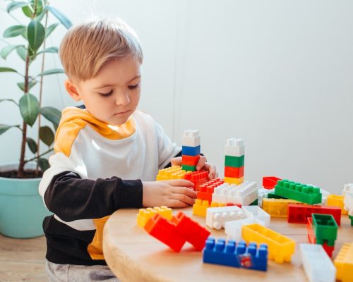 a blond boy is playing with a construction kit, with a wooden wall in the background. concept of educational games